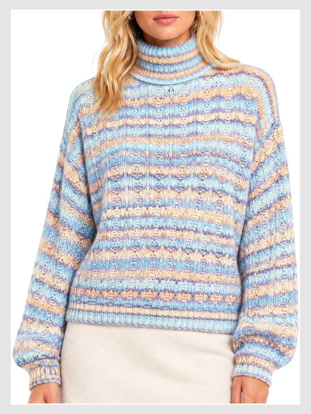 Zara Turtleneck Sweater Blue Pastel Striped Knit Pullover S